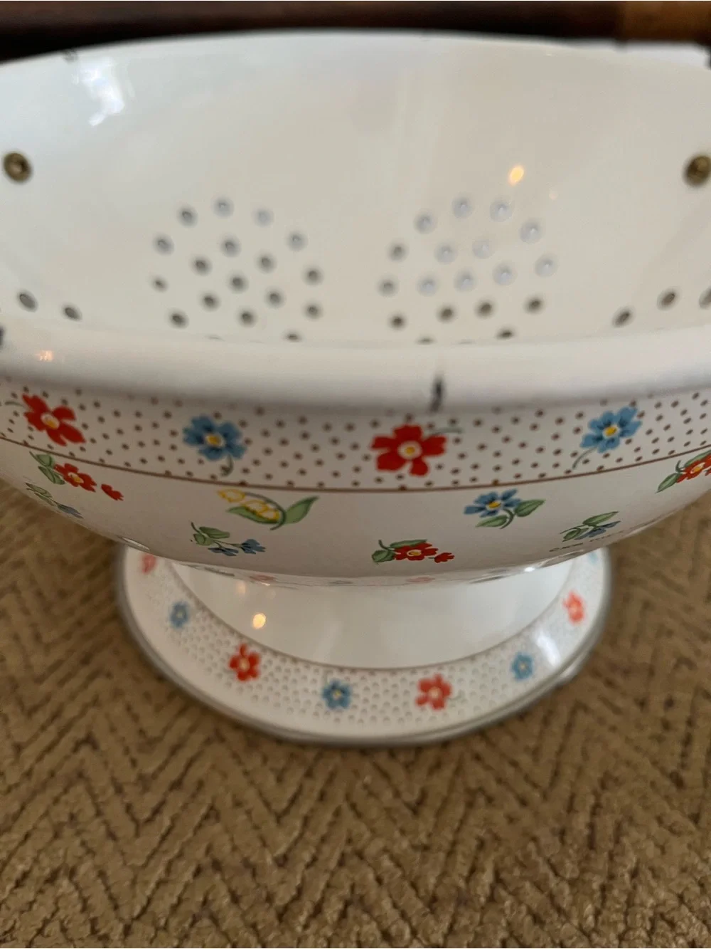 White Floral Enamel Pedestal Colander with Brass Handles